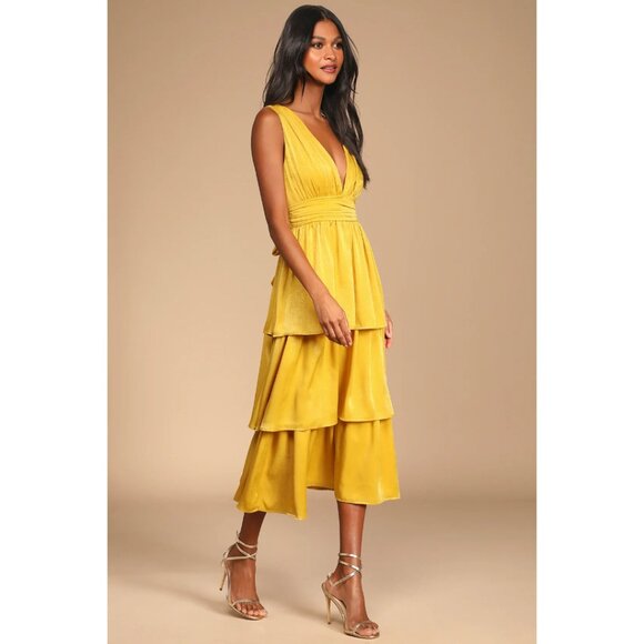 Lulus Peak Party Vibe Mustard Yellow Satin Tiered Tie-back Midi Dress - Size L - Picture 4 of 10